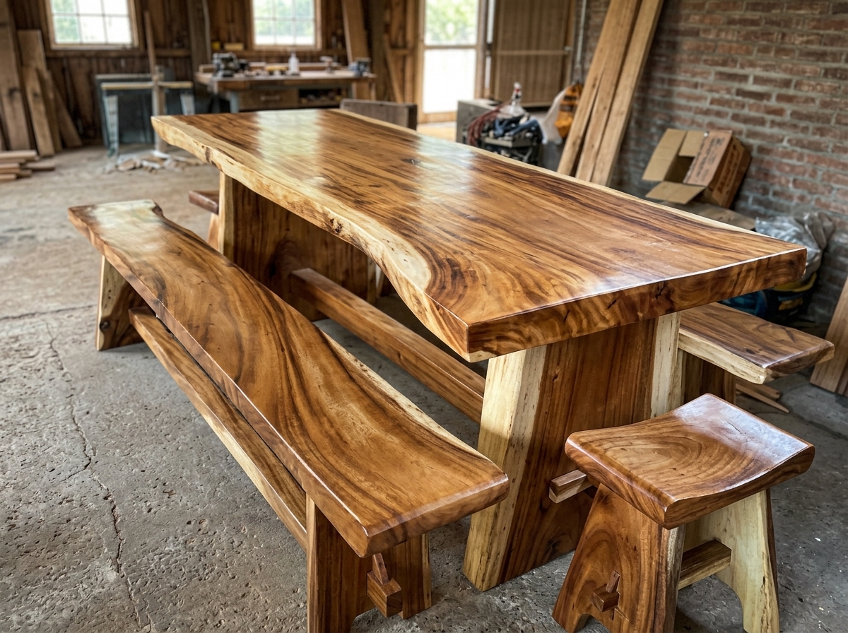 Mesa y bancas de madera maciza elaboradas en taller