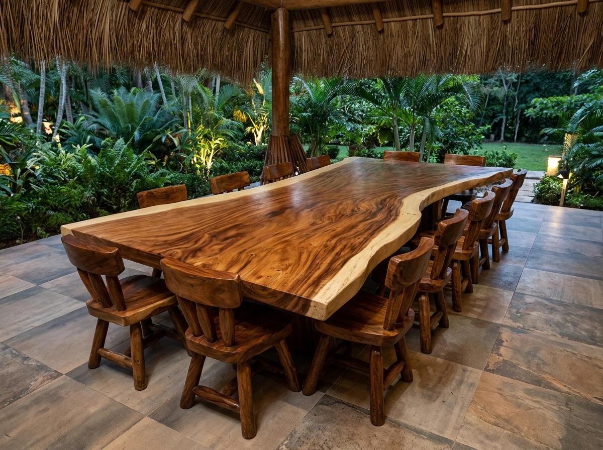 Mesa grande de madera con sillas en una terraza