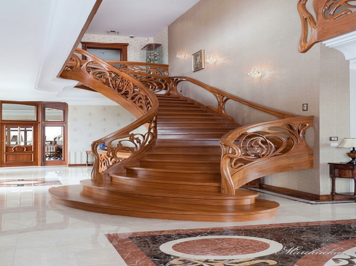 Escalera de madera con barandas talladas