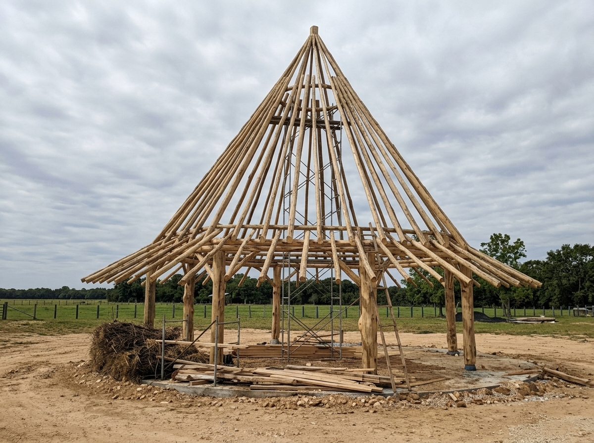 Estructura circular de madera en construcción tipo kiosco