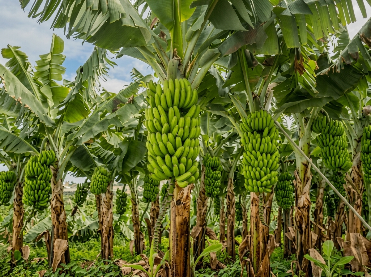 Racimos de banano verde en las matas