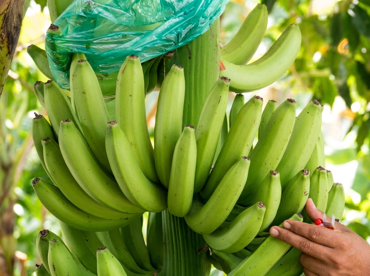 Detalle de un racimo de banano verde