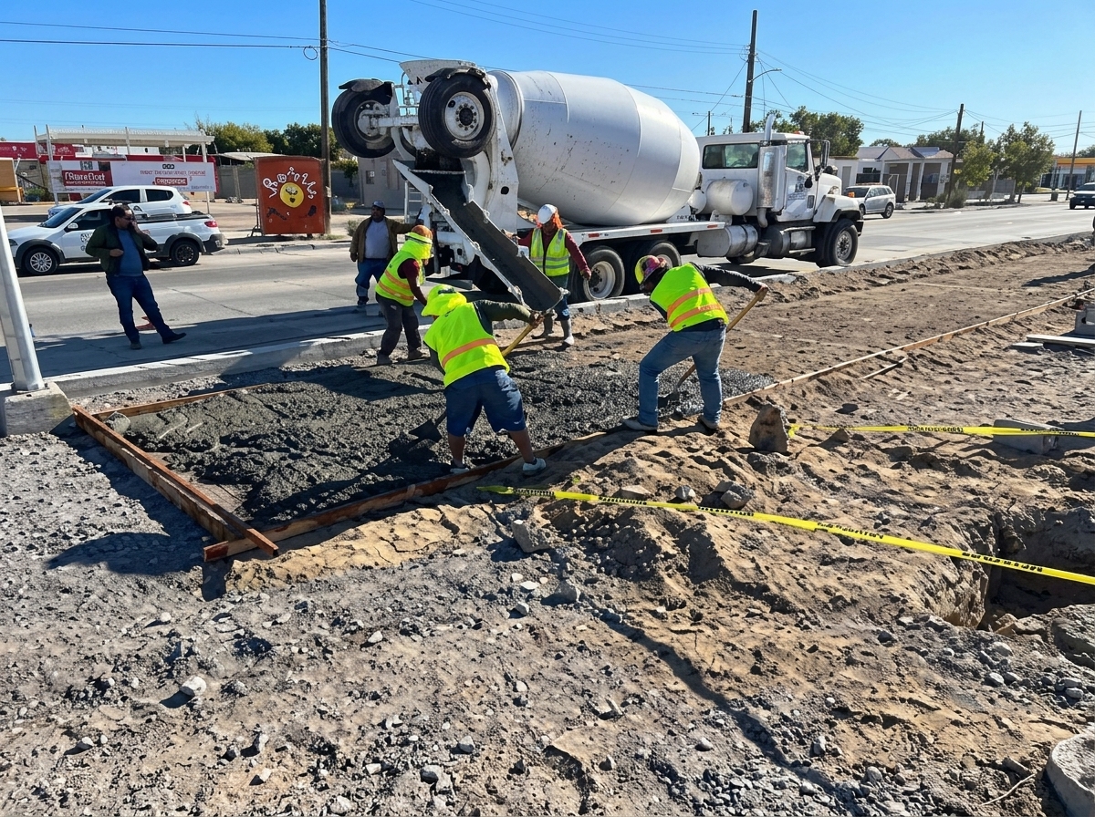 Vaciado de concreto con camión mezclador en una obra urbana