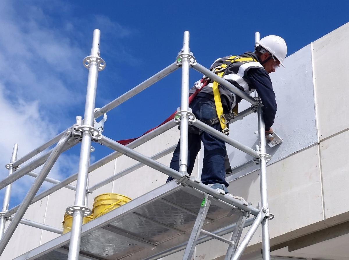 Trabajador con arnés sobre un andamio multidireccional en una fachada