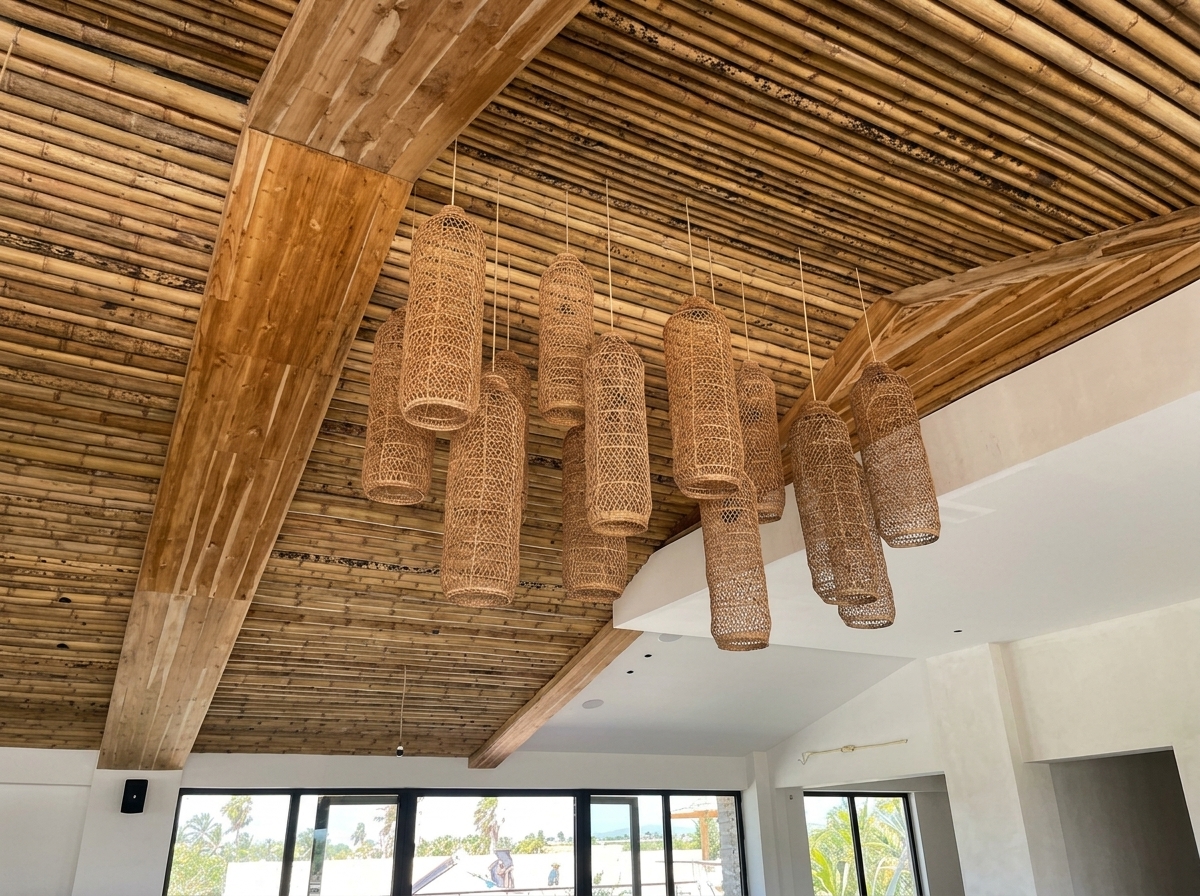 Techo con cubierta de guadua y vigas de madera en una construcción