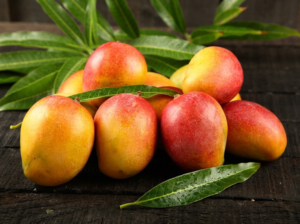 Mangos rojos y amarillos con hojas sobre madera oscura