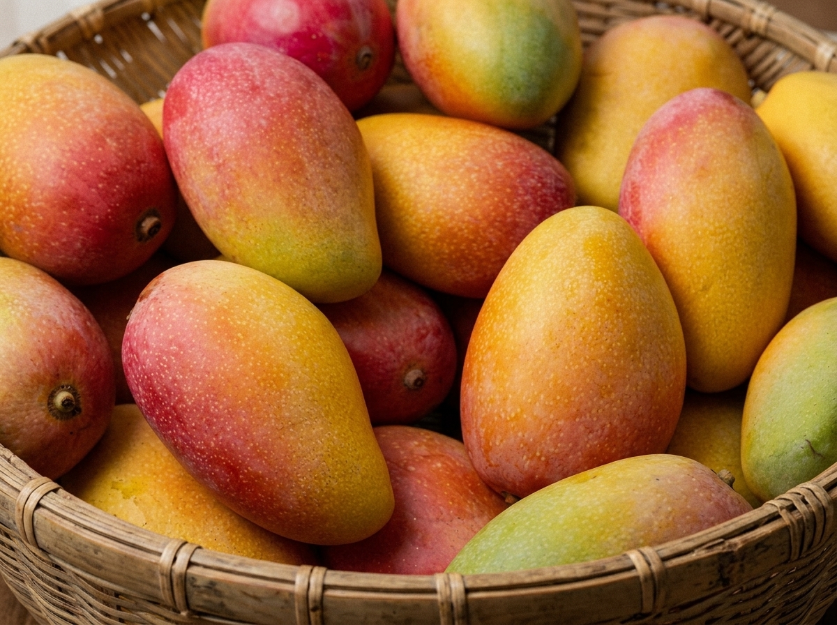 Canasta de mangos maduros